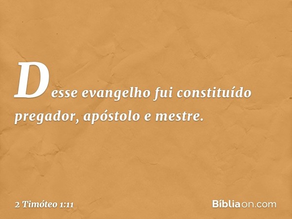 Desse evangelho fui constituído pregador, apóstolo e mestre. -- 2 Timóteo 1:11