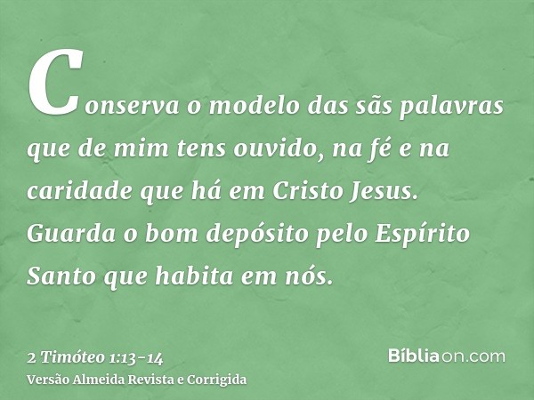 Conserva o modelo das sãs palavras que de mim tens ouvido, na fé e na caridade que há em Cristo Jesus.Guarda o bom depósito pelo Espírito Santo que habita em nó