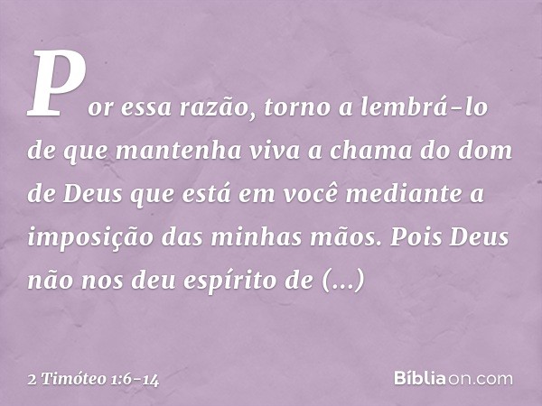 Por essa razão, torno a lembrá-lo de que mantenha viva a chama do dom de Deus que está em você mediante a imposição das minhas mãos. Pois Deus não nos deu espír