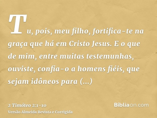 Tu, pois, meu filho, fortifica-te na graça que há em Cristo Jesus.E o que de mim, entre muitas testemunhas, ouviste, confia-o a homens fiéis, que sejam idôneos 