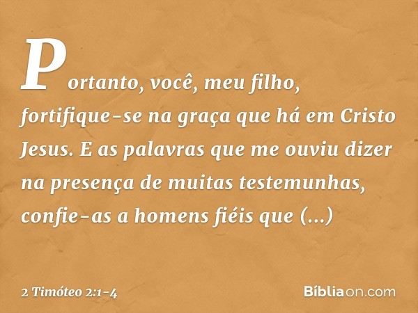 Portanto, você, meu filho, fortifique-se na graça que há em Cristo Jesus. E as palavras que me ouviu dizer na presença de muitas testemunhas, confie-as a homens