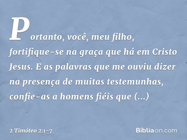 Portanto, você, meu filho, fortifique-se na graça que há em Cristo Jesus. E as palavras que me ouviu dizer na presença de muitas testemunhas, confie-as a homens