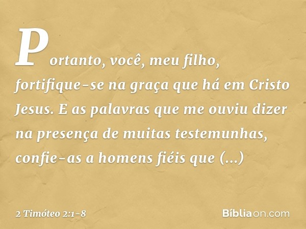 Portanto, você, meu filho, fortifique-se na graça que há em Cristo Jesus. E as palavras que me ouviu dizer na presença de muitas testemunhas, confie-as a homens