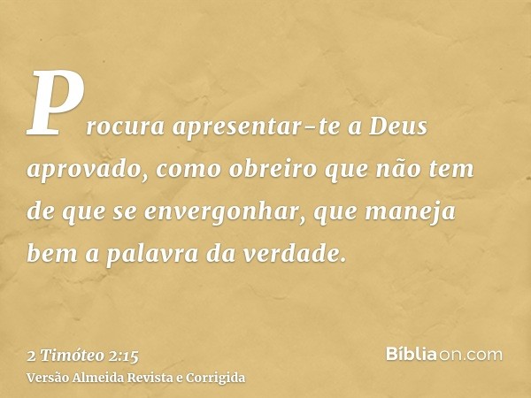 Procura apresentar-te a Deus aprovado, como obreiro que não tem de que se envergonhar, que maneja bem a palavra da verdade.