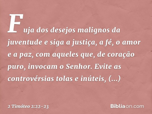 Fuja dos desejos malignos da juventude e siga a justiça, a fé, o amor e a paz, com aqueles que, de coração puro, invocam o Senhor. Evite as controvérsias tolas 