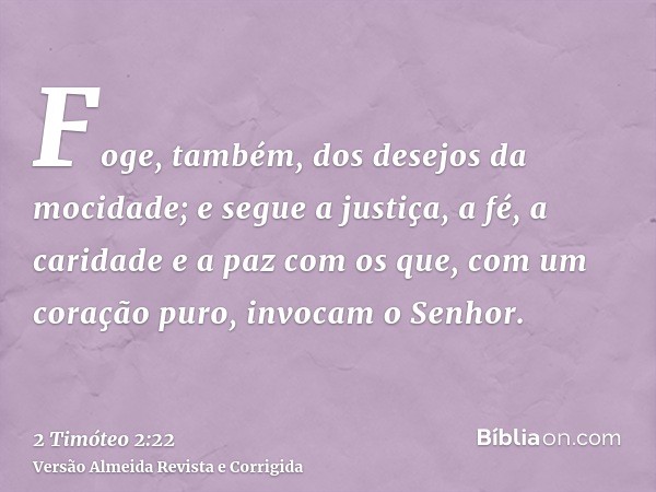 Foge, também, dos desejos da mocidade; e segue a justiça, a fé, a caridade e a paz com os que, com um coração puro, invocam o Senhor.