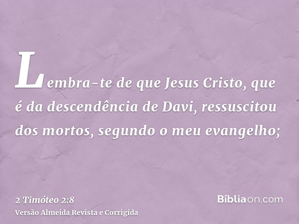 Lembra-te de que Jesus Cristo, que é da descendência de Davi, ressuscitou dos mortos, segundo o meu evangelho;