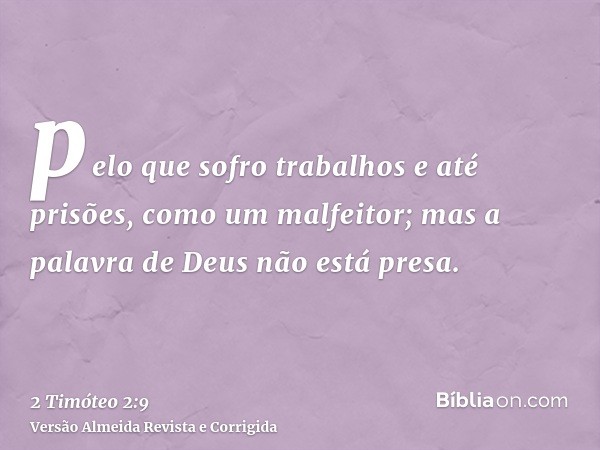 pelo que sofro trabalhos e até prisões, como um malfeitor; mas a palavra de Deus não está presa.