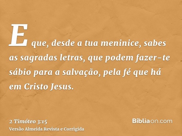 E que, desde a tua meninice, sabes as sagradas letras, que podem fazer-te sábio para a salvação, pela fé que há em Cristo Jesus.