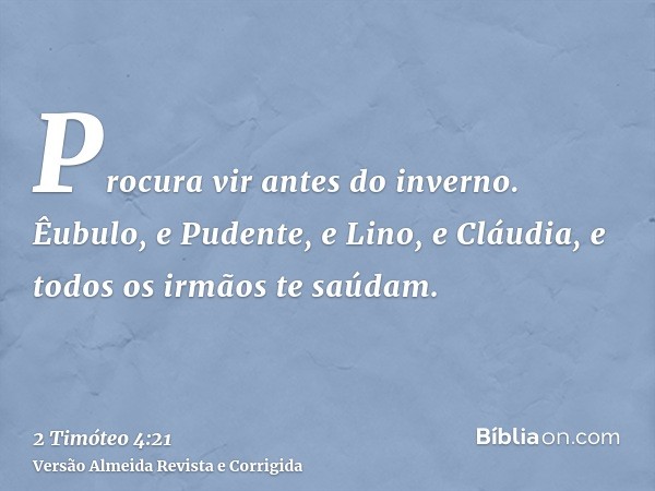 Procura vir antes do inverno. Êubulo, e Pudente, e Lino, e Cláudia, e todos os irmãos te saúdam.