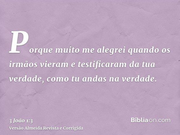 Porque muito me alegrei quando os irmãos vieram e testificaram da tua verdade, como tu andas na verdade.