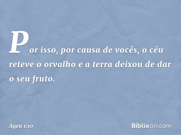 Por isso, por causa de vocês, o céu reteve o orvalho e a terra deixou de dar o seu fruto. -- Ageu 1:10