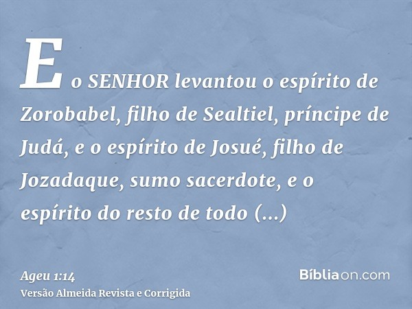 E o SENHOR levantou o espírito de Zorobabel, filho de Sealtiel, príncipe de Judá, e o espírito de Josué, filho de Jozadaque, sumo sacerdote, e o espírito do res