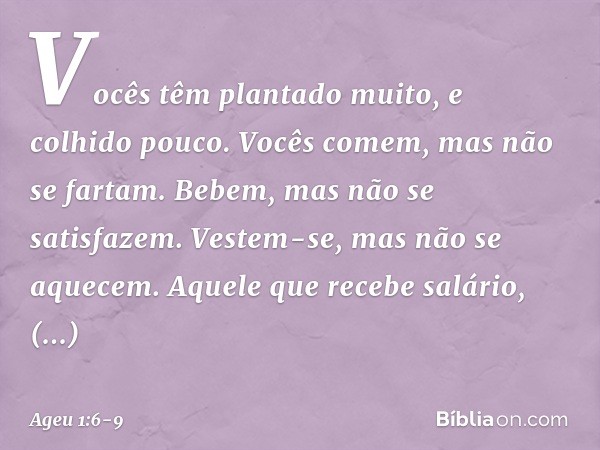 Vocês têm plantado muito, e colhido pouco. Vocês comem, mas não se fartam. Bebem, mas não se satisfazem. Vestem-se, mas não se aquecem. Aquele que recebe salári