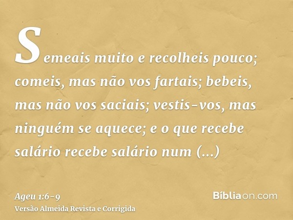 Semeais muito e recolheis pouco; comeis, mas não vos fartais; bebeis, mas não vos saciais; vestis-vos, mas ninguém se aquece; e o que recebe salário recebe salá