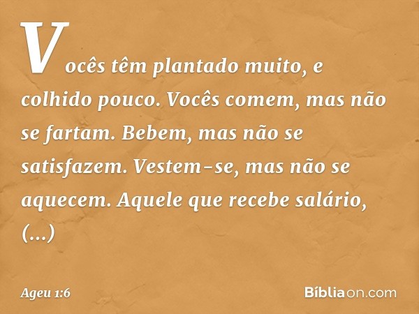 Vocês têm plantado muito, e colhido pouco. Vocês comem, mas não se fartam. Bebem, mas não se satisfazem. Vestem-se, mas não se aquecem. Aquele que recebe salári