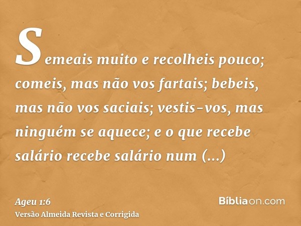 Semeais muito e recolheis pouco; comeis, mas não vos fartais; bebeis, mas não vos saciais; vestis-vos, mas ninguém se aquece; e o que recebe salário recebe salá