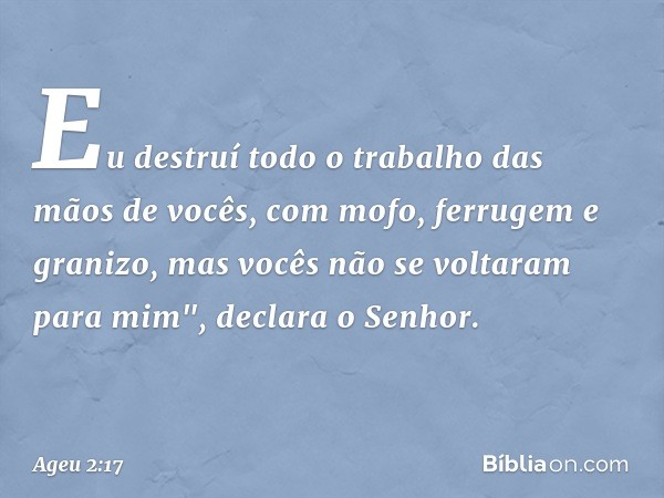 Eu destruí todo o trabalho das mãos de vocês, com mofo, ferrugem e granizo, mas vocês não se voltaram para mim", declara o Senhor. -- Ageu 2:17