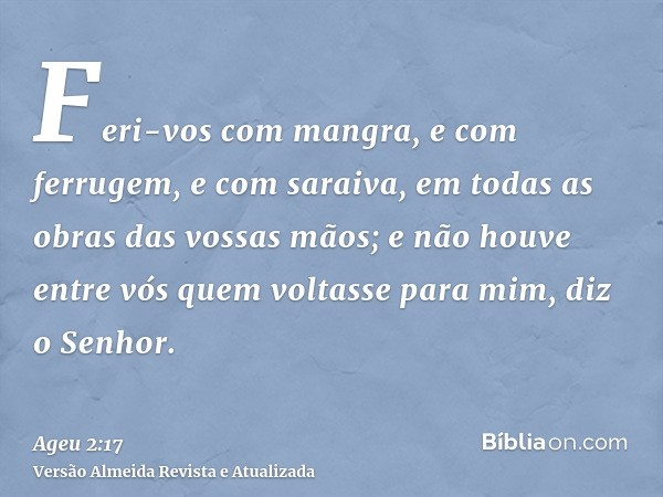 Feri-vos com mangra, e com ferrugem, e com saraiva, em todas as obras das vossas mãos; e não houve entre vós quem voltasse para mim, diz o Senhor.