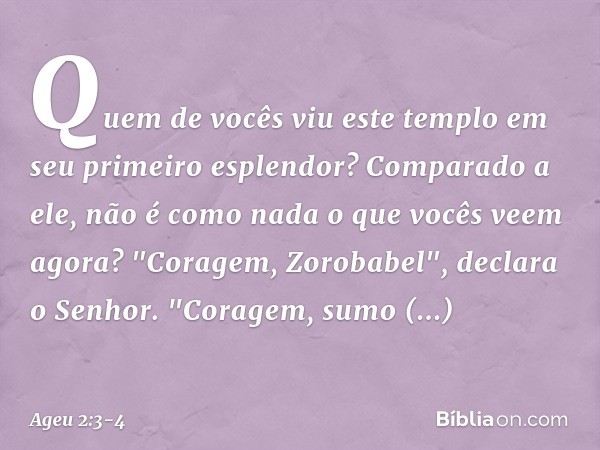 Quem de vocês viu este templo em seu primeiro esplendor? Comparado a ele, não é como nada o que vocês veem agora? "Coragem, Zorobabel", declara o Senhor. "Corag