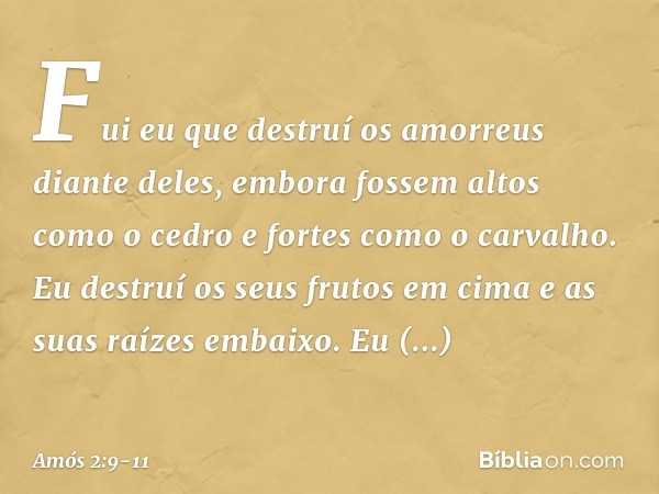 "Fui eu que destruí os amorreus
diante deles,
embora fossem altos como o cedro
e fortes como o carvalho.
Eu destruí os seus frutos em cima
e as suas raízes emba