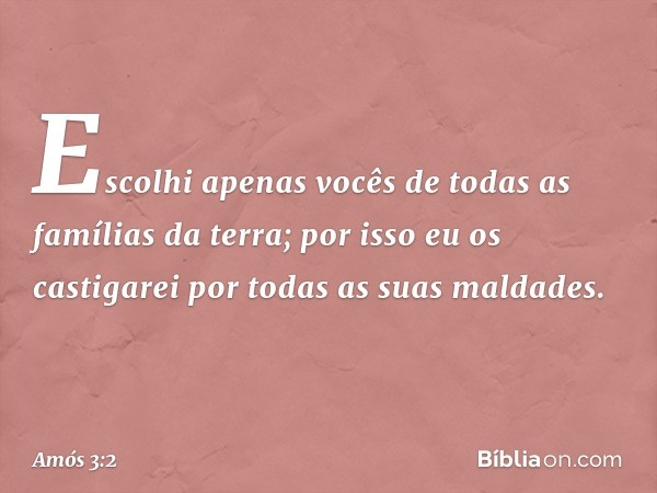 "Escolhi apenas vocês
de todas as famílias da terra;
por isso eu os castigarei
por todas as suas maldades". -- Amós 3:2