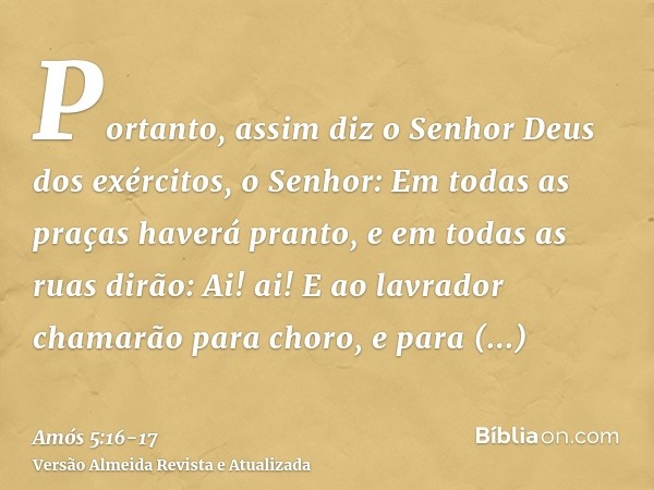 Portanto, assim diz o Senhor Deus dos exércitos, o Senhor: Em todas as praças haverá pranto, e em todas as ruas dirão: Ai! ai! E ao lavrador chamarão para choro