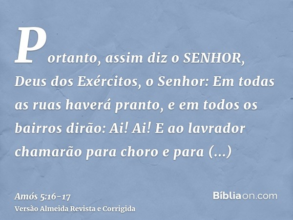 Portanto, assim diz o SENHOR, Deus dos Exércitos, o Senhor: Em todas as ruas haverá pranto, e em todos os bairros dirão: Ai! Ai! E ao lavrador chamarão para cho