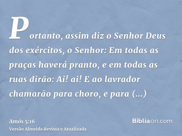 Portanto, assim diz o Senhor Deus dos exércitos, o Senhor: Em todas as praças haverá pranto, e em todas as ruas dirão: Ai! ai! E ao lavrador chamarão para choro