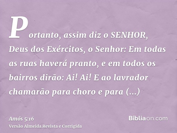 Portanto, assim diz o SENHOR, Deus dos Exércitos, o Senhor: Em todas as ruas haverá pranto, e em todos os bairros dirão: Ai! Ai! E ao lavrador chamarão para cho