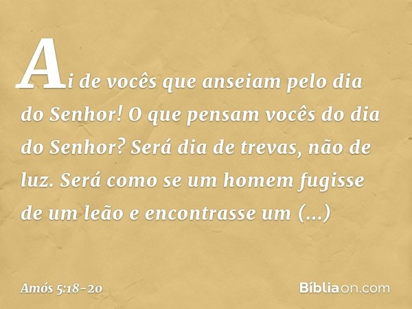 Ai de vocês que anseiam
pelo dia do Senhor!
O que pensam vocês
do dia do Senhor?
Será dia de trevas, não de luz. Será como se um homem
fugisse de um leão
e enco