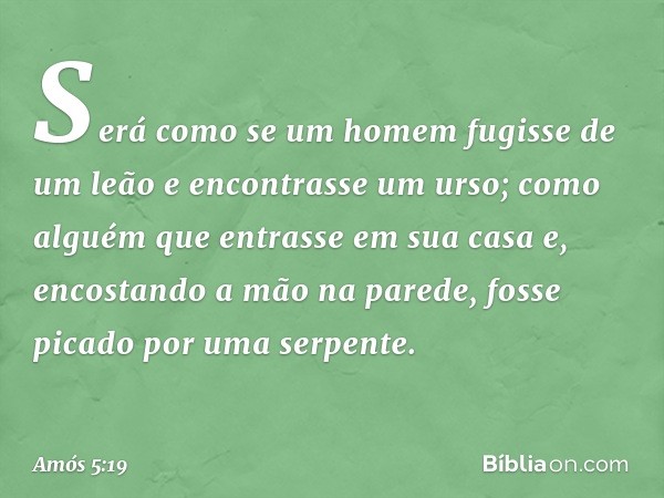 Será como se um homem
fugisse de um leão
e encontrasse um urso;
como alguém que entrasse em sua casa
e, encostando a mão na parede,
fosse picado por uma serpent