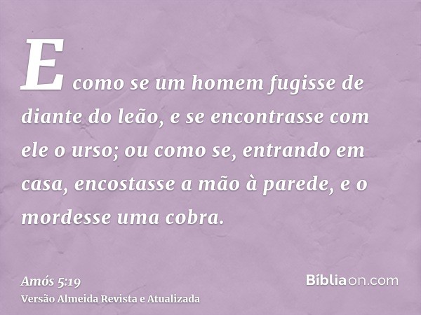 E como se um homem fugisse de diante do leão, e se encontrasse com ele o urso; ou como se, entrando em casa, encostasse a mão à parede, e o mordesse uma cobra.