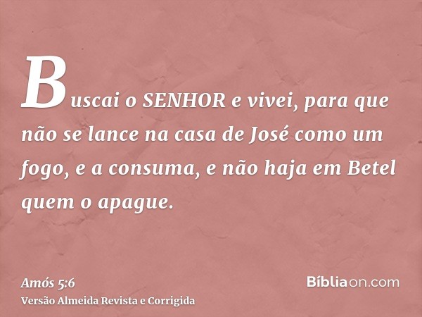 Buscai o SENHOR e vivei, para que não se lance na casa de José como um fogo, e a consuma, e não haja em Betel quem o apague.