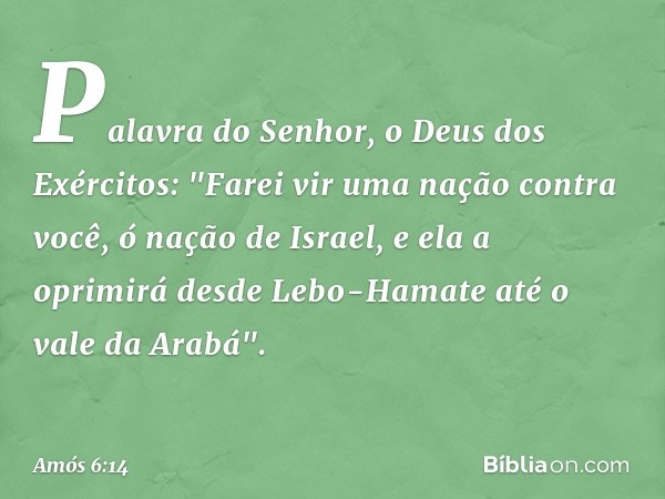 Palavra do Senhor,
o Deus dos Exércitos:
"Farei vir uma nação contra você,
ó nação de Israel,
e ela a oprimirá desde Lebo-Hamate
até o vale da Arabá". -- Amós 6