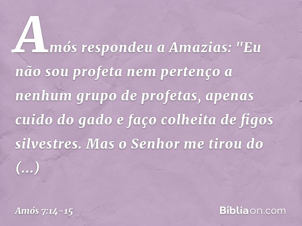 Amós respondeu a Amazias: "Eu não sou profeta nem pertenço a nenhum grupo de profetas, apenas cuido do gado e faço colheita de figos silvestres. Mas o Senhor me