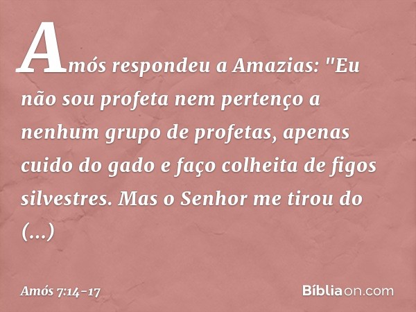 Amós respondeu a Amazias: "Eu não sou profeta nem pertenço a nenhum grupo de profetas, apenas cuido do gado e faço colheita de figos silvestres. Mas o Senhor me