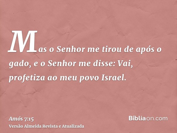 Mas o Senhor me tirou de após o gado, e o Senhor me disse: Vai, profetiza ao meu povo Israel.