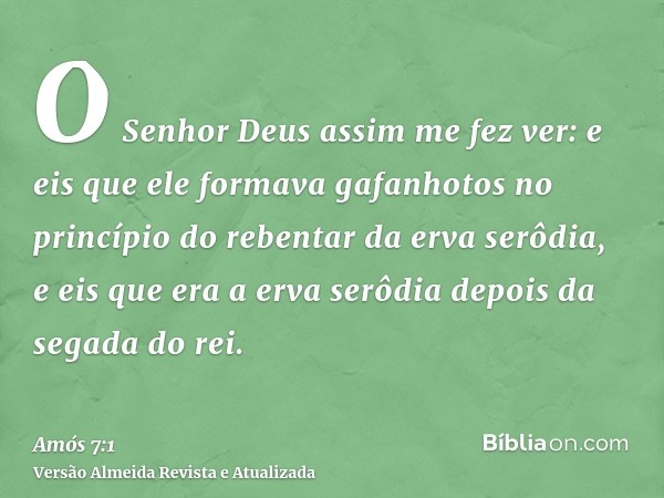 O Senhor Deus assim me fez ver: e eis que ele formava gafanhotos no princípio do rebentar da erva serôdia, e eis que era a erva serôdia depois da segada do rei.