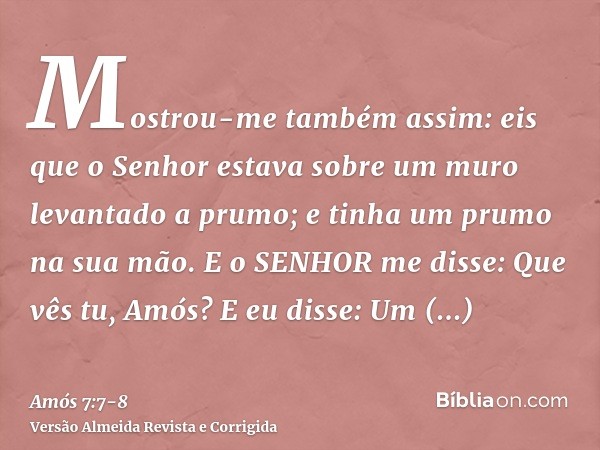 Mostrou-me também assim: eis que o Senhor estava sobre um muro levantado a prumo; e tinha um prumo na sua mão.E o SENHOR me disse: Que vês tu, Amós? E eu disse: