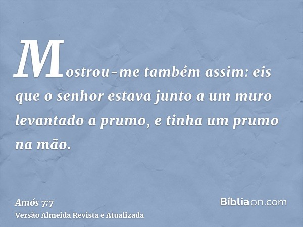 Mostrou-me também assim: eis que o senhor estava junto a um muro levantado a prumo, e tinha um prumo na mão.