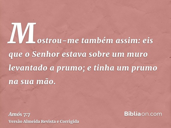 Mostrou-me também assim: eis que o Senhor estava sobre um muro levantado a prumo; e tinha um prumo na sua mão.