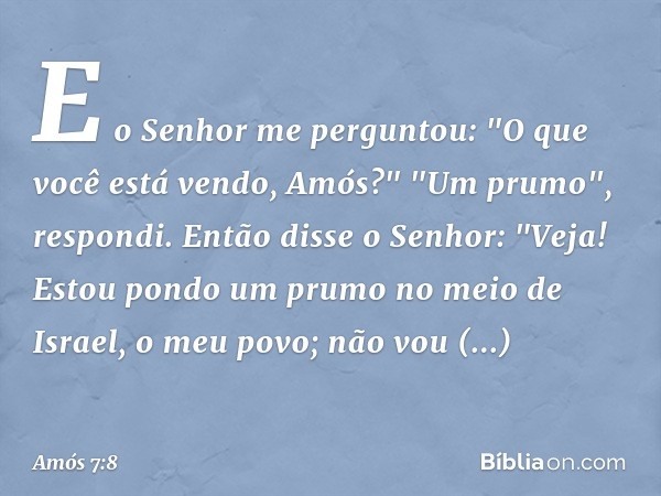 E o Senhor me perguntou: "O que você está vendo, Amós?"
"Um prumo", respondi.
Então disse o Senhor: "Veja! Estou pondo um prumo no meio de Israel, o meu povo; n