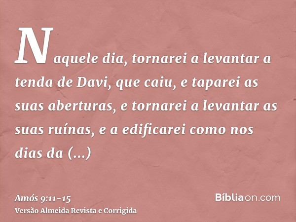 Naquele dia, tornarei a levantar a tenda de Davi, que caiu, e taparei as suas aberturas, e tornarei a levantar as suas ruínas, e a edificarei como nos dias da a