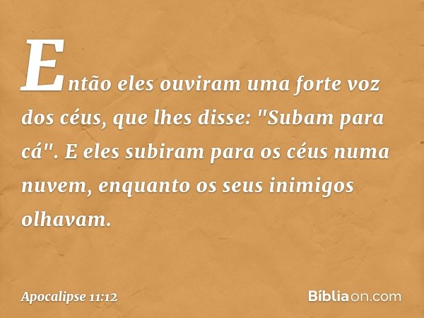 Então eles ouviram uma forte voz dos céus, que lhes disse: "Subam para cá". E eles subiram para os céus numa nuvem, enquanto os seus inimigos olhavam. -- Apocal