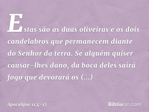 Estas são as duas oliveiras e os dois candelabros que permanecem diante do Senhor da terra. Se alguém quiser causar-lhes dano, da boca deles sairá fogo que devo