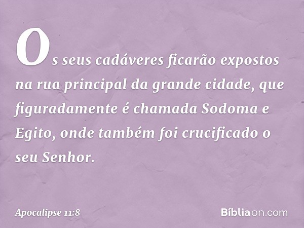 Os seus cadáveres ficarão expostos na rua principal da grande cidade, que figuradamente é chamada Sodoma e Egito, onde também foi crucificado o seu Senhor. -- A