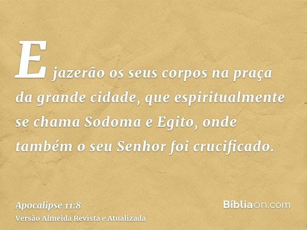 E jazerão os seus corpos na praça da grande cidade, que espiritualmente se chama Sodoma e Egito, onde também o seu Senhor foi crucificado.