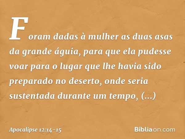 Foram dadas à mulher as duas asas da grande águia, para que ela pudesse voar para o lugar que lhe havia sido preparado no deserto, onde seria sustentada durante