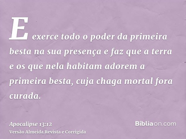 E exerce todo o poder da primeira besta na sua presença e faz que a terra e os que nela habitam adorem a primeira besta, cuja chaga mortal fora curada.